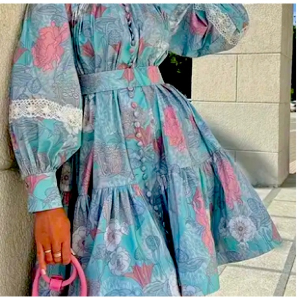 Floral Print Dress, Front Button, Long Sleeve